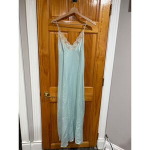 Vintage Sears Satin Nightgown Aqua Blue Lace Trim Long Slip Dress S 32/34 USA